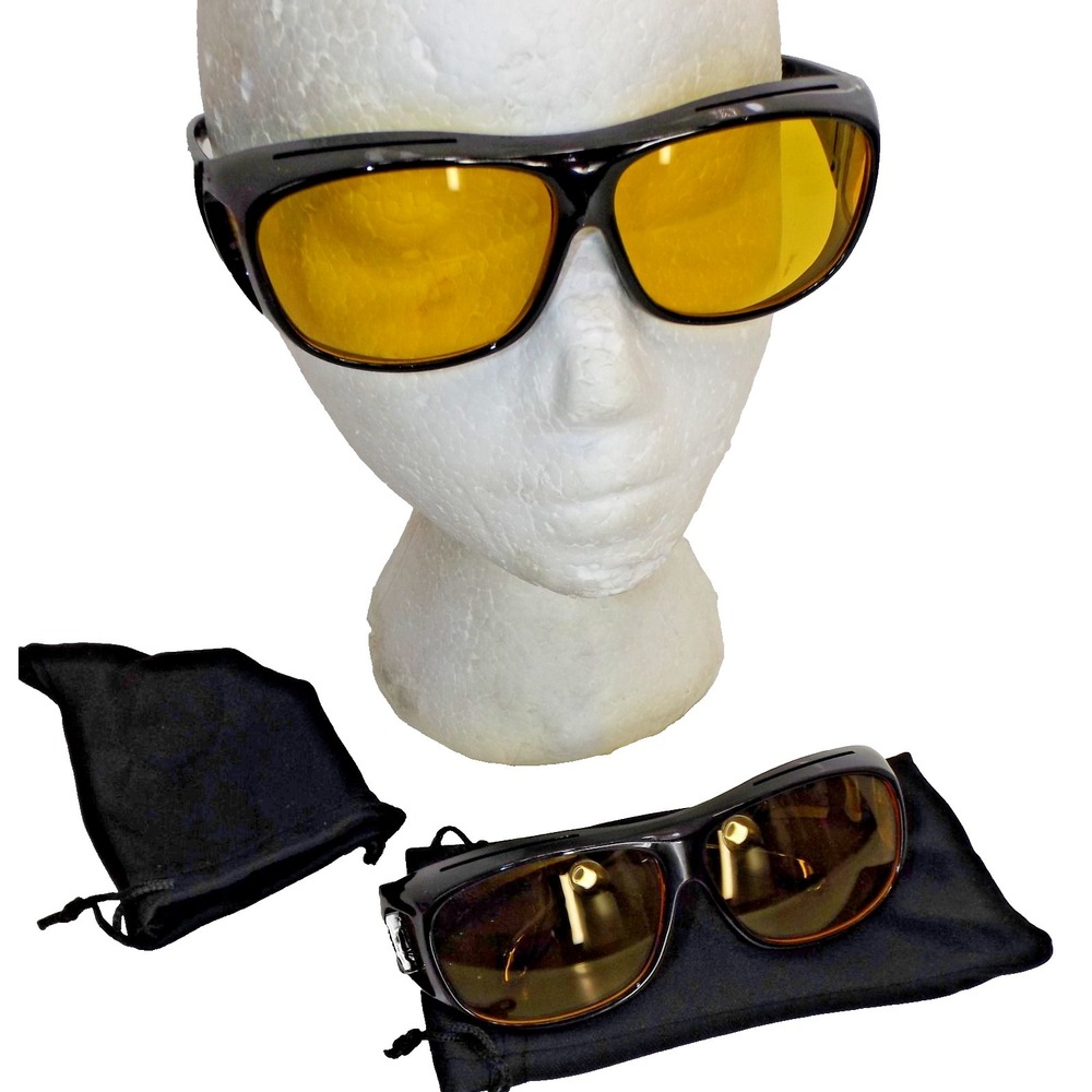 2 Pair - Night Driving glasses - Yellow‎ lens wrap-around over glasses